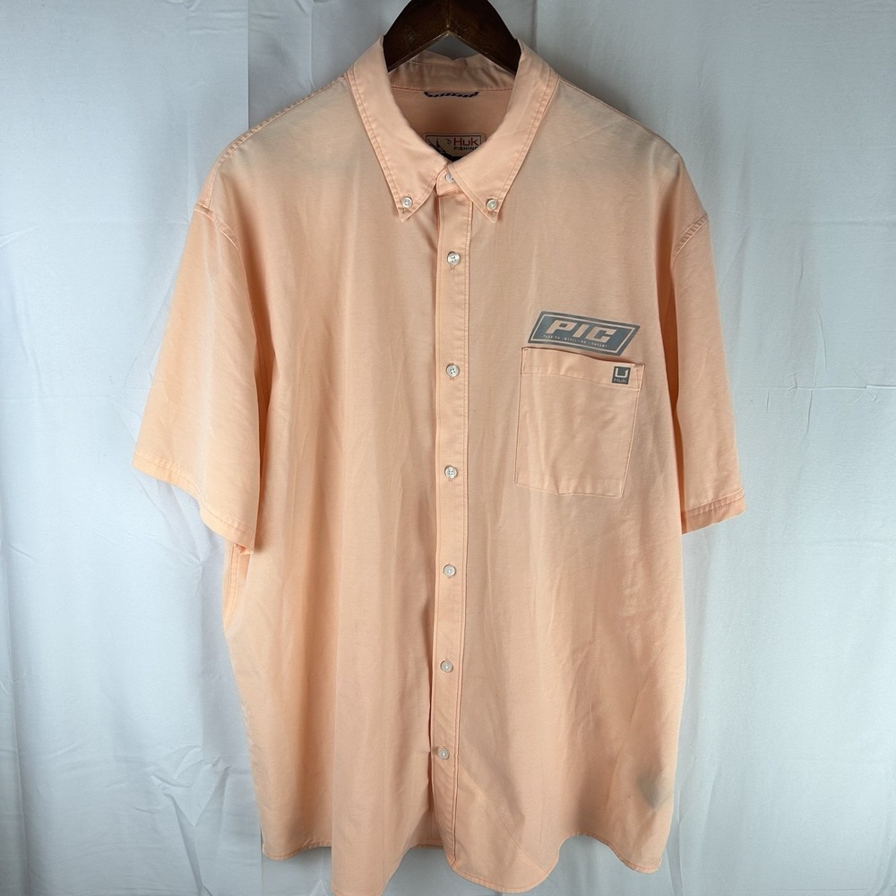 Huk Shirt Mens XXL Short Sleeve Button Up Fishing Performance Peach Company Logo